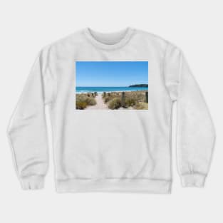 Bollards and ropes line sand track through dunes to Main Beach Mount Maunganui Crewneck Sweatshirt